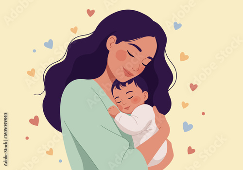Colorful vector of mother and baby cuddling in purple tones, symbolizing strong maternal bond and love