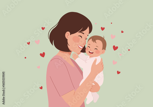 Mother and baby illustration with mother gently holding her baby in a warm floral background, capturing maternal love and tenderness