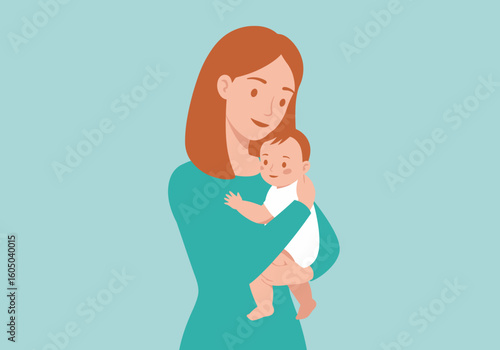 Minimalist flat vector of red-haired mom embracing baby with neutral background, expressing maternal warmth