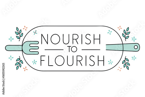 Nourish to flourish logo with fork and spoon and floral accents