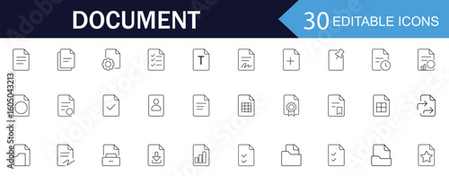 Document icon collection in modern line style. Documents linear icons. Includes file icons like agreement, certificate, folder, approval, invoice, archive, checklist, and more. Editable stroke.