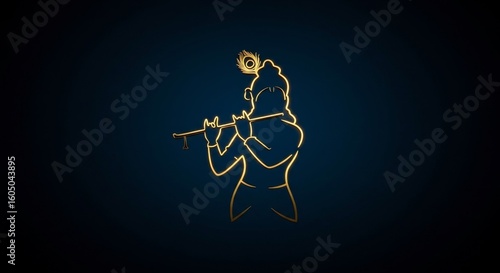 Golden Silhouette of Lord Krishna Playing Flute, Hindu Deity, Peacock Feather, on Dark Blue Background