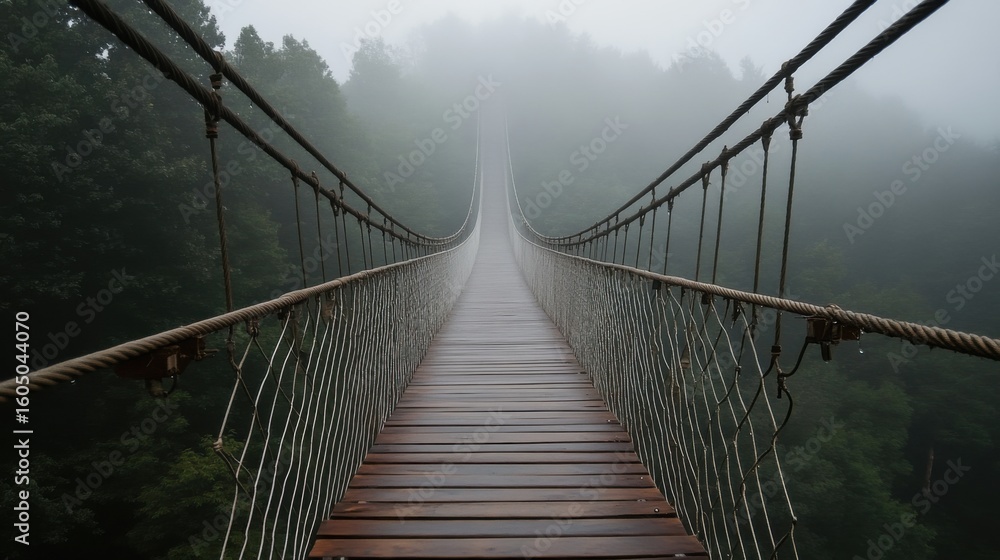 Obraz premium old suspension bridge on ropes in fog