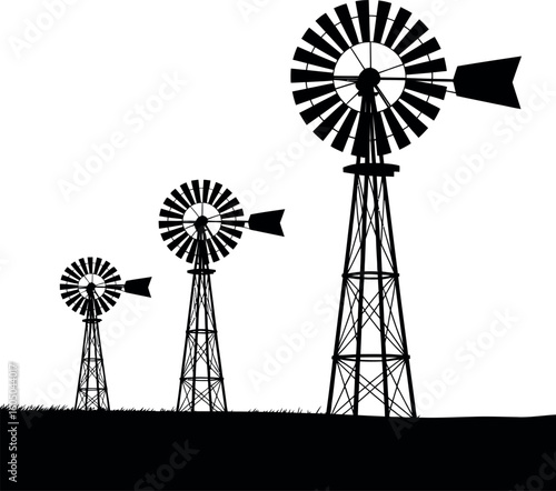Three black silhouette windmills on a white background with grass black and white farm