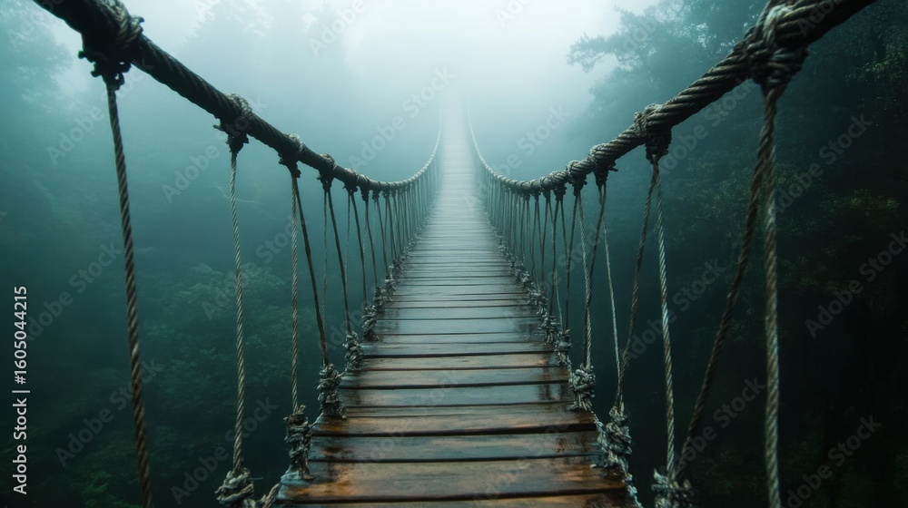 Obraz premium old suspension bridge on ropes in fog