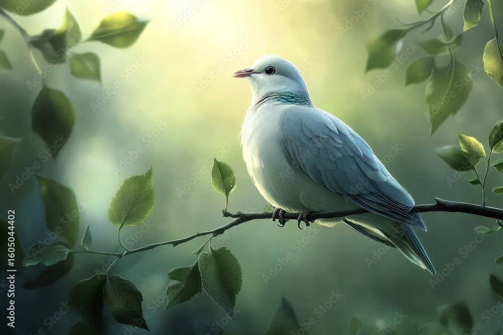 Fototapeta premium Ringed dove sings a melodic tune in the early morning light amid lush greenery, ringed dove sings a song in the early morning
