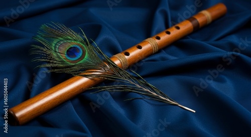 Wooden Flute and Peacock Feather Resting on Blue Silk Fabric, Close-up, Studio Shot, Isolated