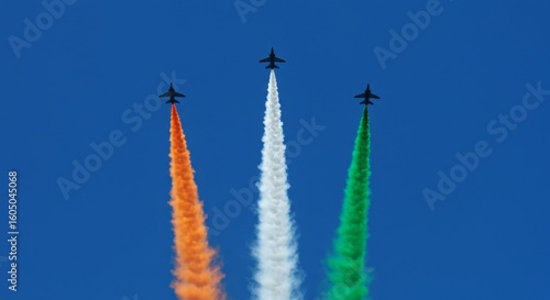 Indian Air Force Aerobatic Team Jet Aircraft Displaying Tricolour Smoke Trails Against Clear Blue Sky