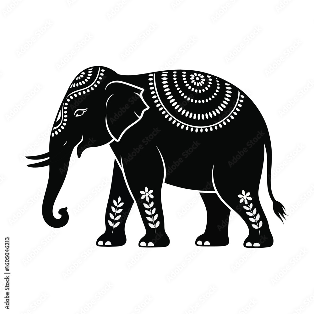 Obraz premium Black elephant with white ornamental patterns decorative
