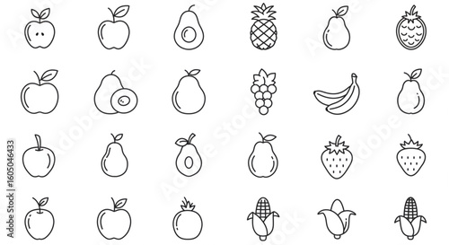 A collection of simple line-drawn fruit and corn icons.