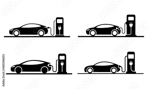 Electric car charging at station eco transport silhouette illustration
