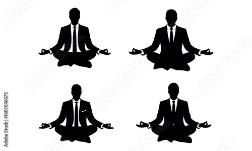 Businessman meditating in lotus pose office stress relief silhouette illustration

