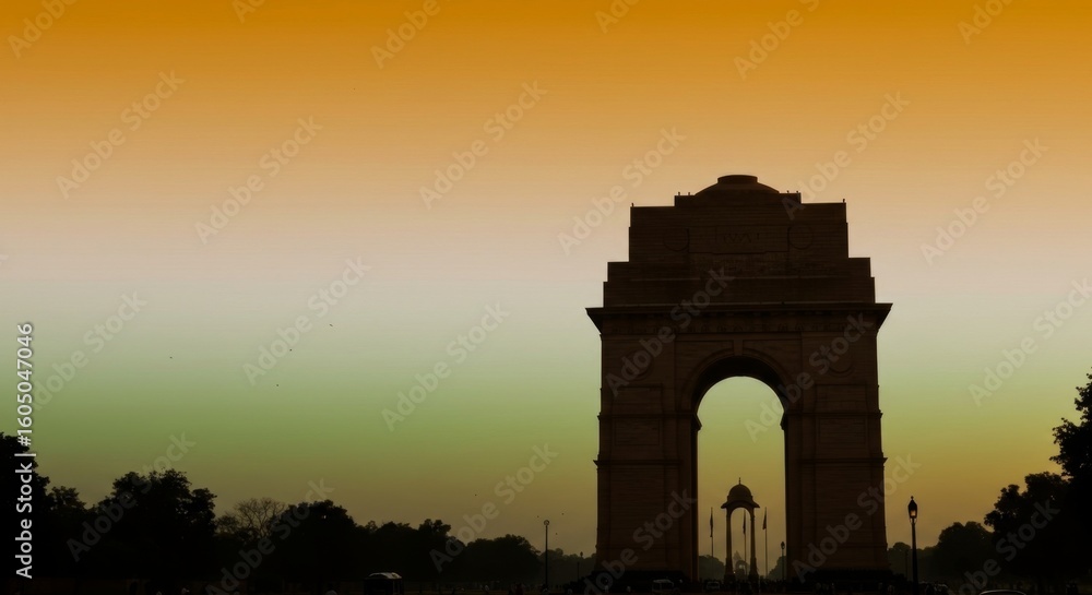 Fototapeta premium India Gate Silhouette Against Sunset Sky in Delhi, India, Monument Architecture and Landmark