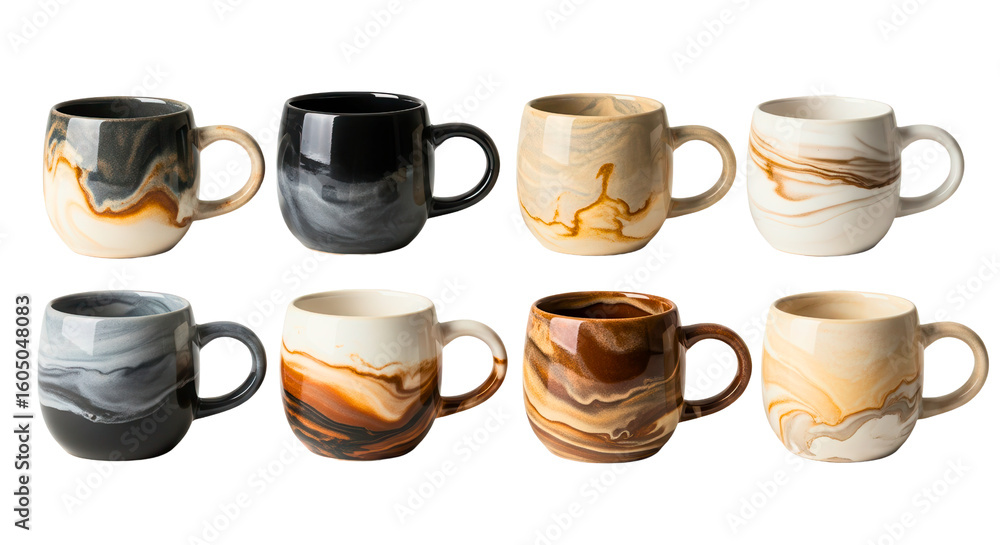 Set of Eight Marble Pattern Ceramic Mugs Isolated
Set of Eight Marble Pattern Ceramic Mugs Isolated