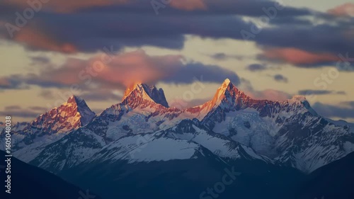 Majestic snow-capped peaks bathed in the warm hues of sunrise
