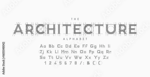 Architecture Blueprint Display Font . Technical Drafting Style Alphabet. Geometrical typography. Wireframe letters, typographic design with draft strokes for architecture logo and headline. Isolated