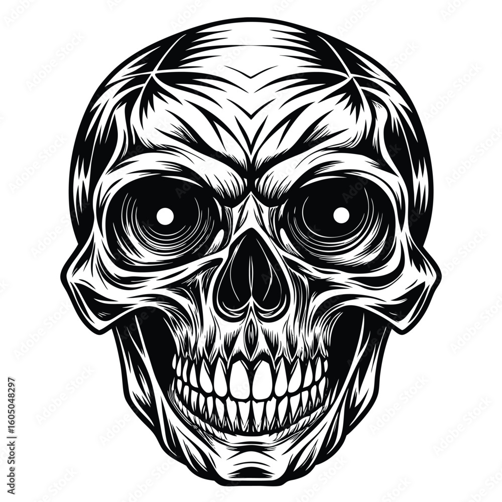 Fototapeta premium Grim human skull detailed black ink white silhouette