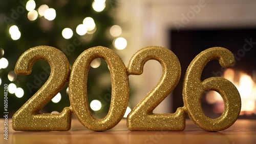 Golden glitter numbers 2026 displayed near a Christmas tree and fireplace