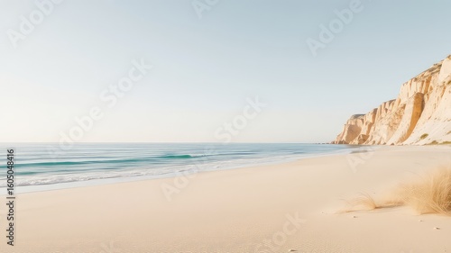 Serene coastal scene with gentle waves lapping onto a sandy shore, shadowed cliffs rising on the horizon, and natural beach growth