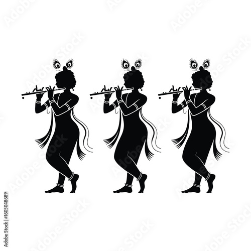 Krishna playing flute with peacock feathers silhouette