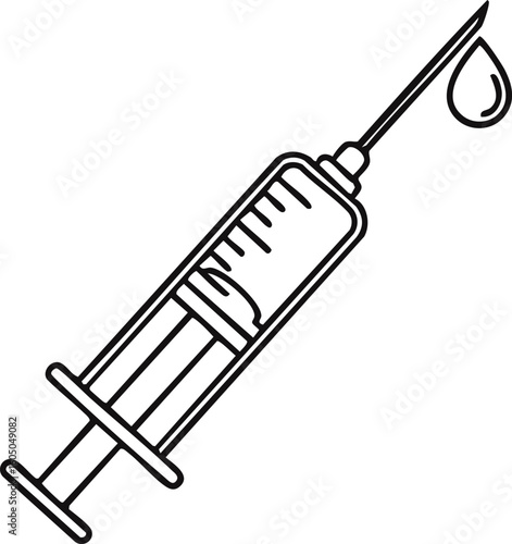 Syringe with a drop of medicine, line art medical injection icon