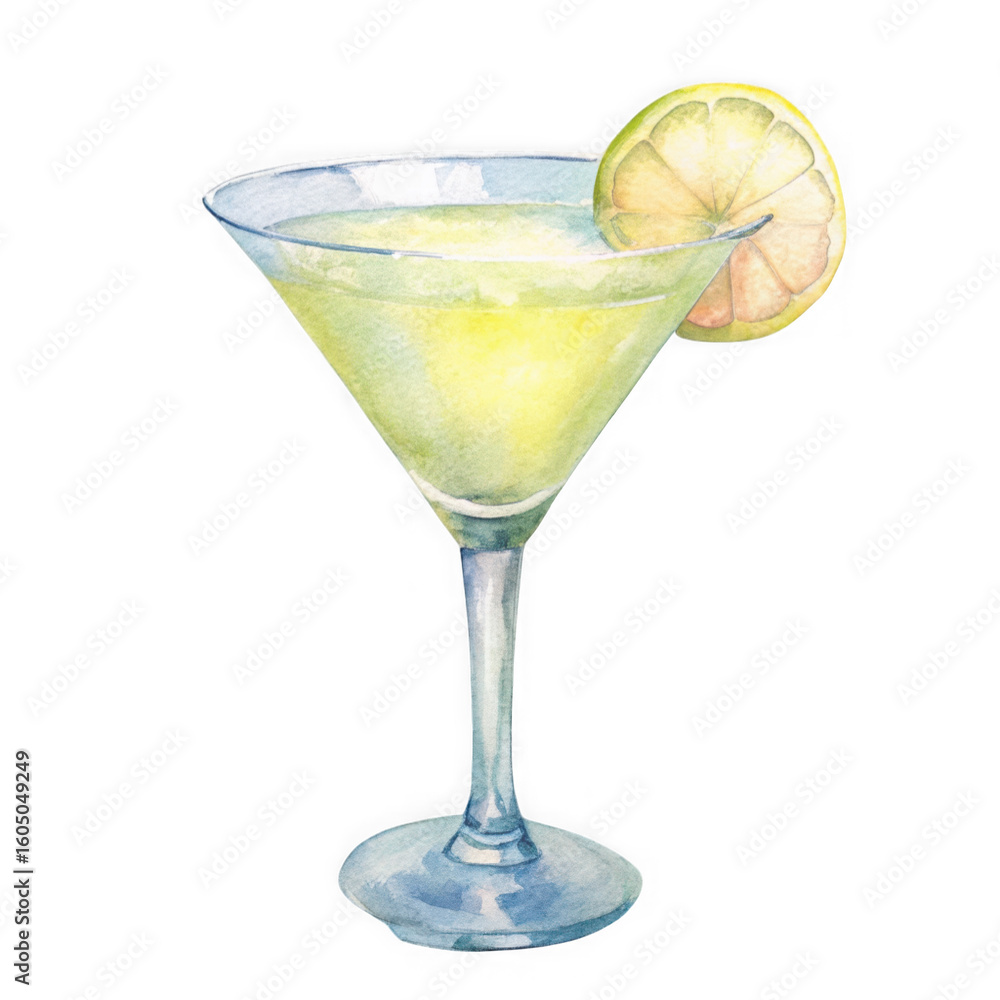 Watercolor Refreshing yellow cocktail in a martini glass garnished with a lemon slice isolated on transparent background Watercolor Refreshing yellow cocktail in a martini glass garnished with a lemon slice isolated on transparent background