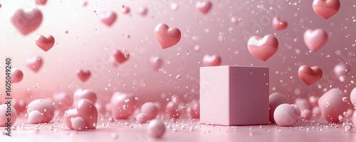 Gift box surrounded by hundreds of floating hearts on a glittering background in a magical Valentine's Day celebration.