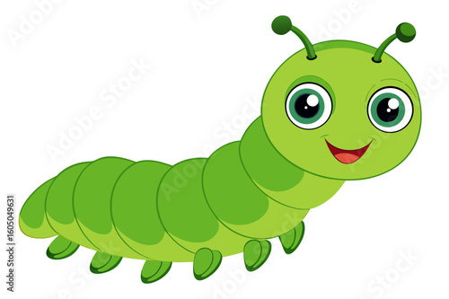 A cute, cheerful green cartoon caterpillar character with a happy smile, isolated on white
