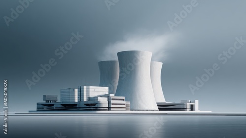  A modern nuclear power plant with a white and grey color scheme. The building is simple, sleek, and has three large concrete towers that emit steam into the air. 