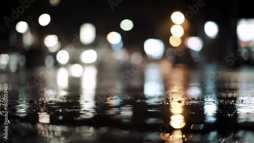 City street at night, rain reflecting lights