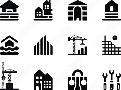 Collection of construction and building icons representing houses and tools