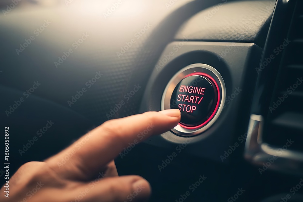 Obraz premium Close up of a person s finger pressing the red illuminated engine start stop button in a modern car interior