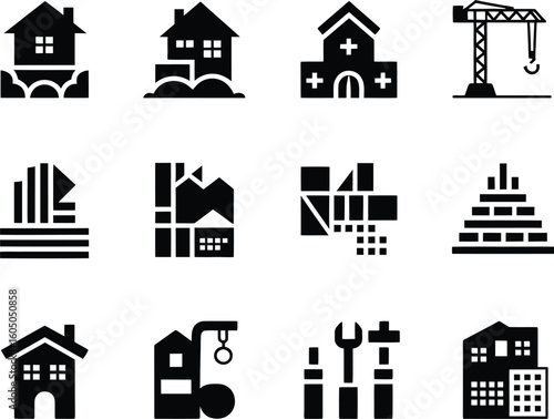 Collection of diverse building and construction icons in black and white
