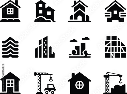 Collection of diverse building and construction icons in black silhouette
