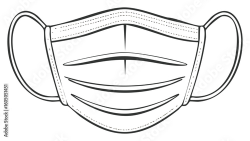 Simple black line art drawing of a pleated disposable medical face mask for virus protection