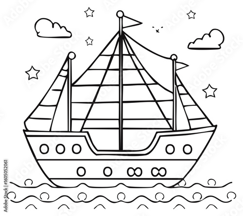 Childlike illustration of a sailing vessel with wind filled sails moving through stylized waves under a sky with clouds and stars