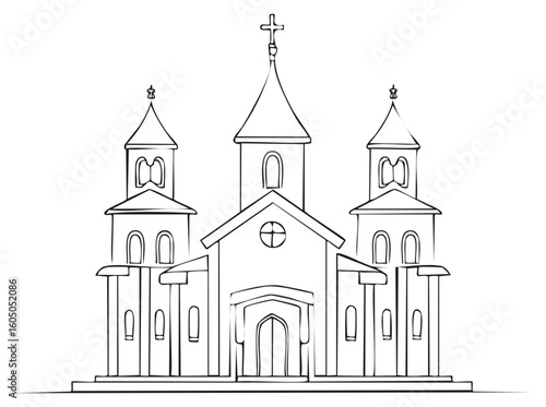Minimalist line art illustration of a traditional Christian orthodox church facade