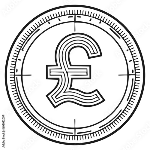 Black and white illustration of a pound coin with a distinctive textured border