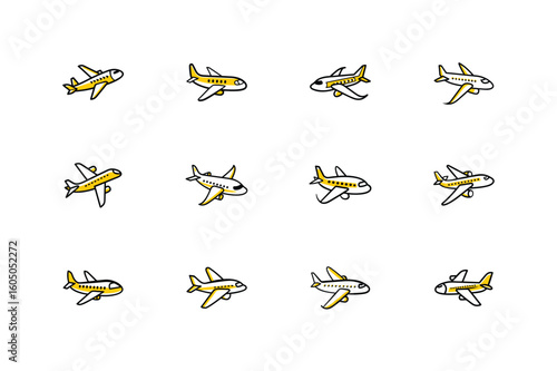 colorful water airplane, airplane icon, black airplane, different kind of airplane design icon sheet, water air and land airplane design icon.