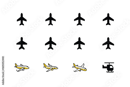 colorful water airplane, airplane icon, black airplane, different kind of airplane design icon sheet, water air and land airplane design icon.