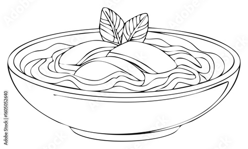 Outlined Bowl of Pasta with Leafy Garnish Line Art for Coloring Books or Culinary Illustrations