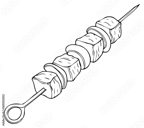Hand drawn line art illustration of a meat and onion skewer snack