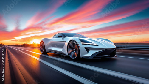 A sleek white sports car speeding on a highway during a vibrant sunset, capturing motion and speed.