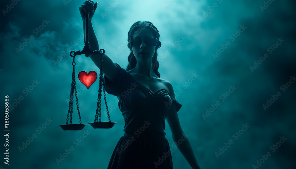 Obraz premium No sight, but perfect vision: the divine jurist holds the balance - cold steel in one hand, the pulsating heart in the other.