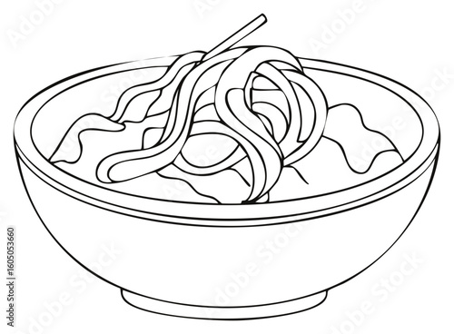 Black and white illustration of a bowl filled with noodles and broth with chopstick.