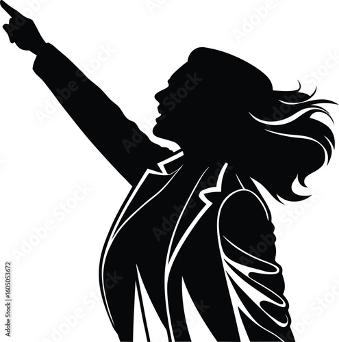 A dramatic silhouette of a woman in a confident, powerful pose, gesturing with purpose