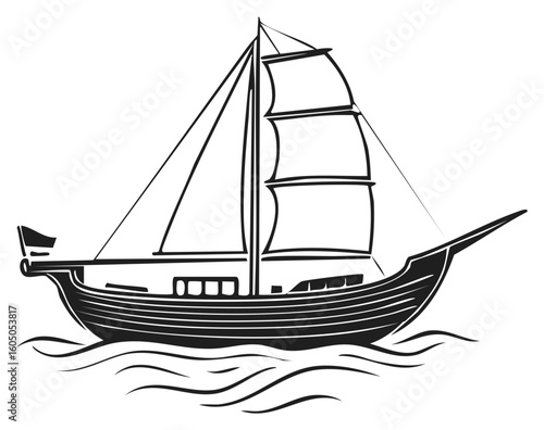 Traditional wooden Arabian dhow sailboat with full sails on ocean waves, graphic illustration