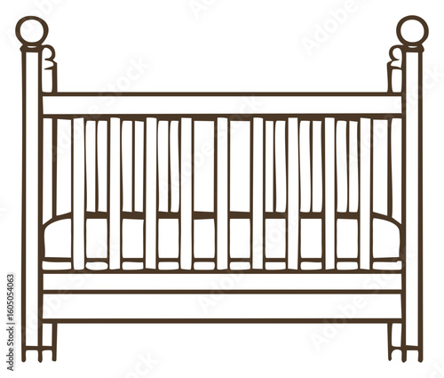 Simple line art illustration of a classic wooden baby crib or infant cot