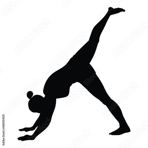 A black silhouette of a person performing a graceful flexible dynamic form yoga pose
