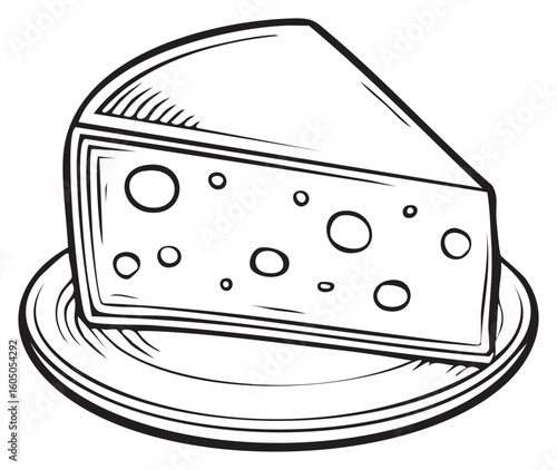 Triangle cheese slice with holes on a plate, vector illustration.